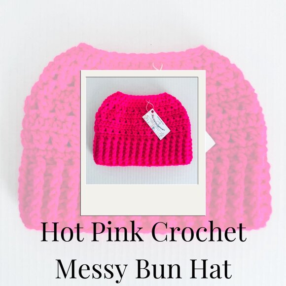 Hot Pink Messy Bun Hat Ponytail Beanie NWT - Picture 1 of 9